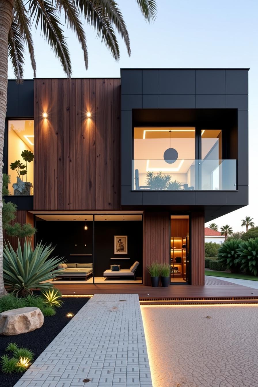 A modern black house with wooden accent walls and large glass windows