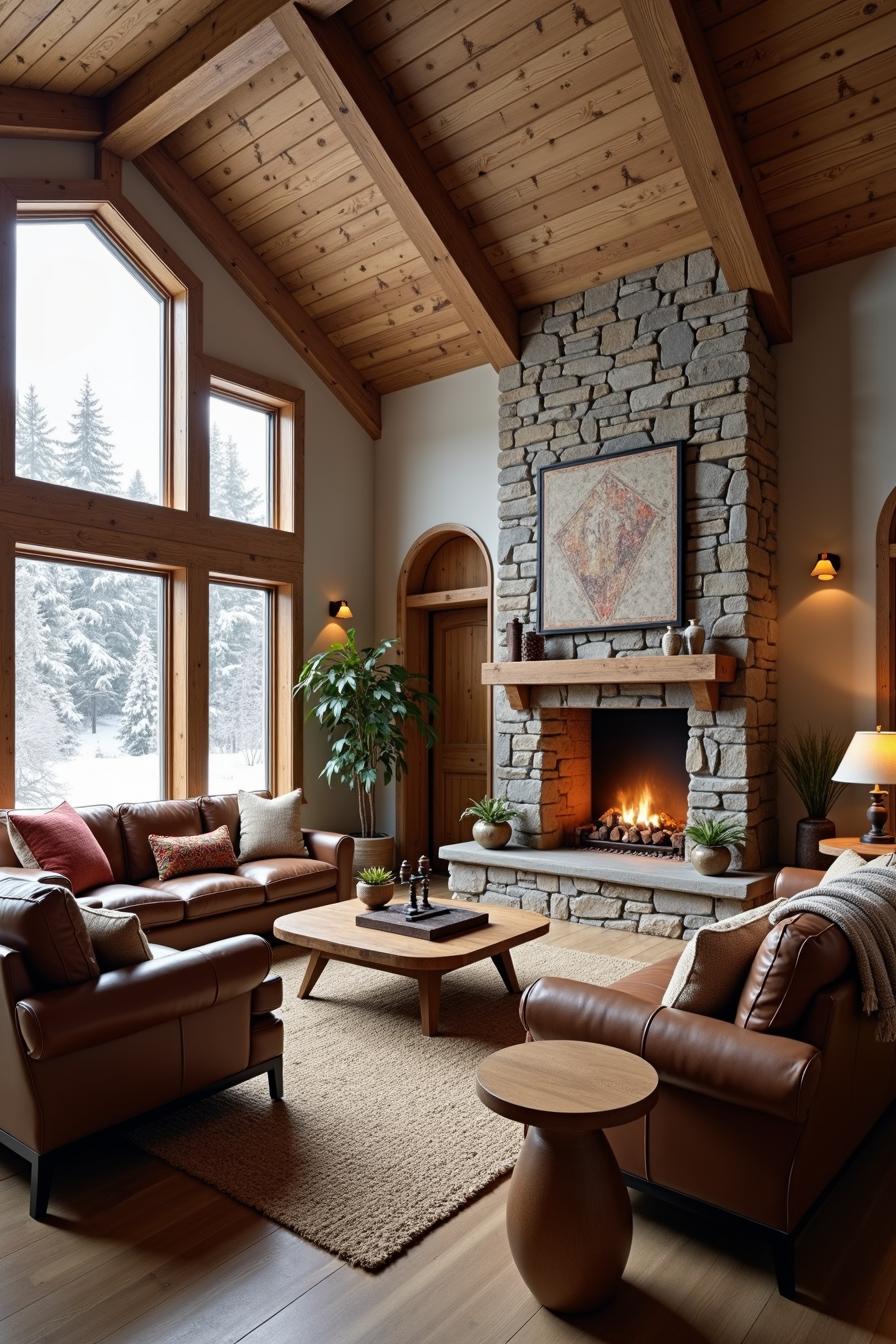 Warm and inviting living room with a large stone fireplace and snowy view