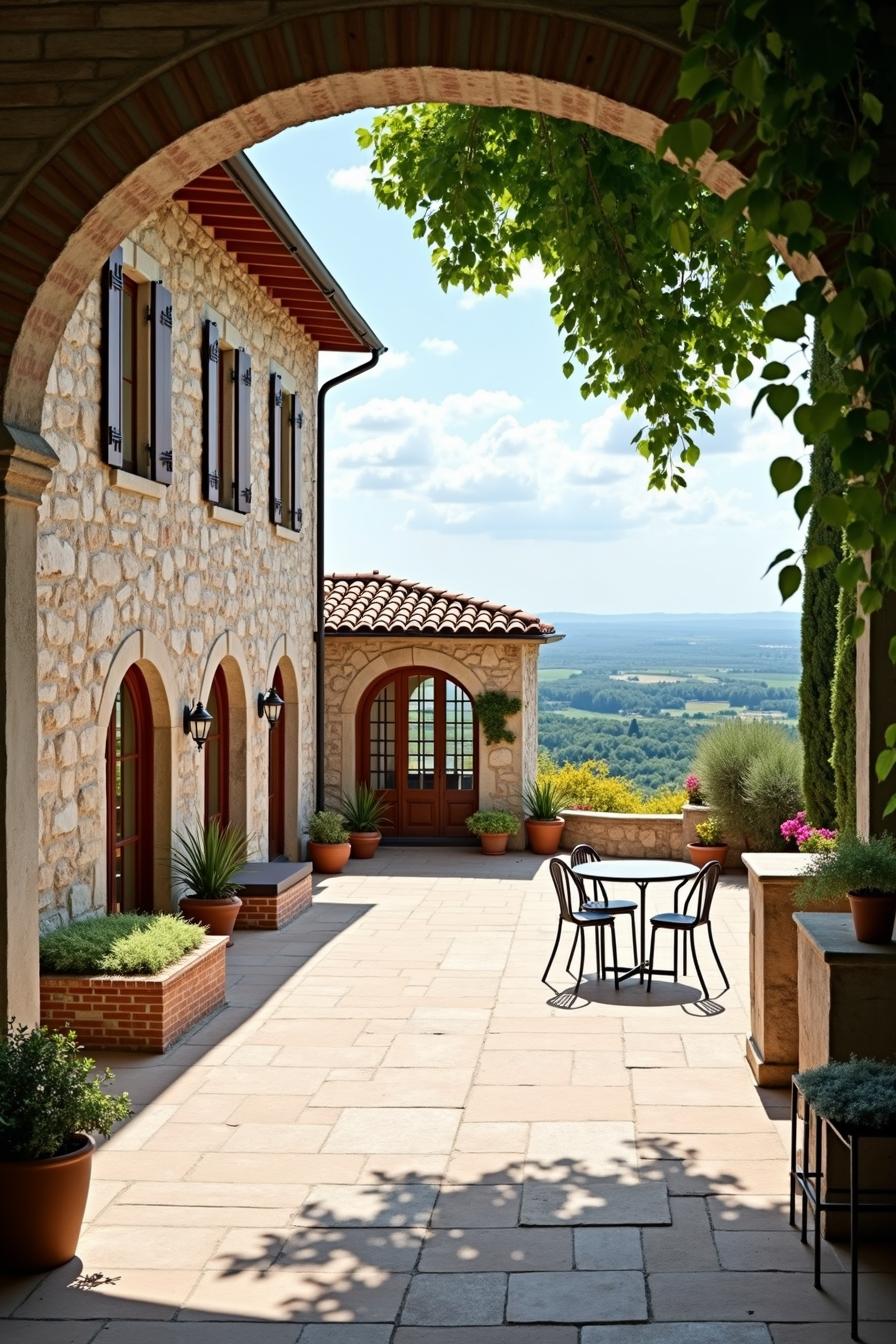 Italian farmhouse with stone walls and a sunny courtyard