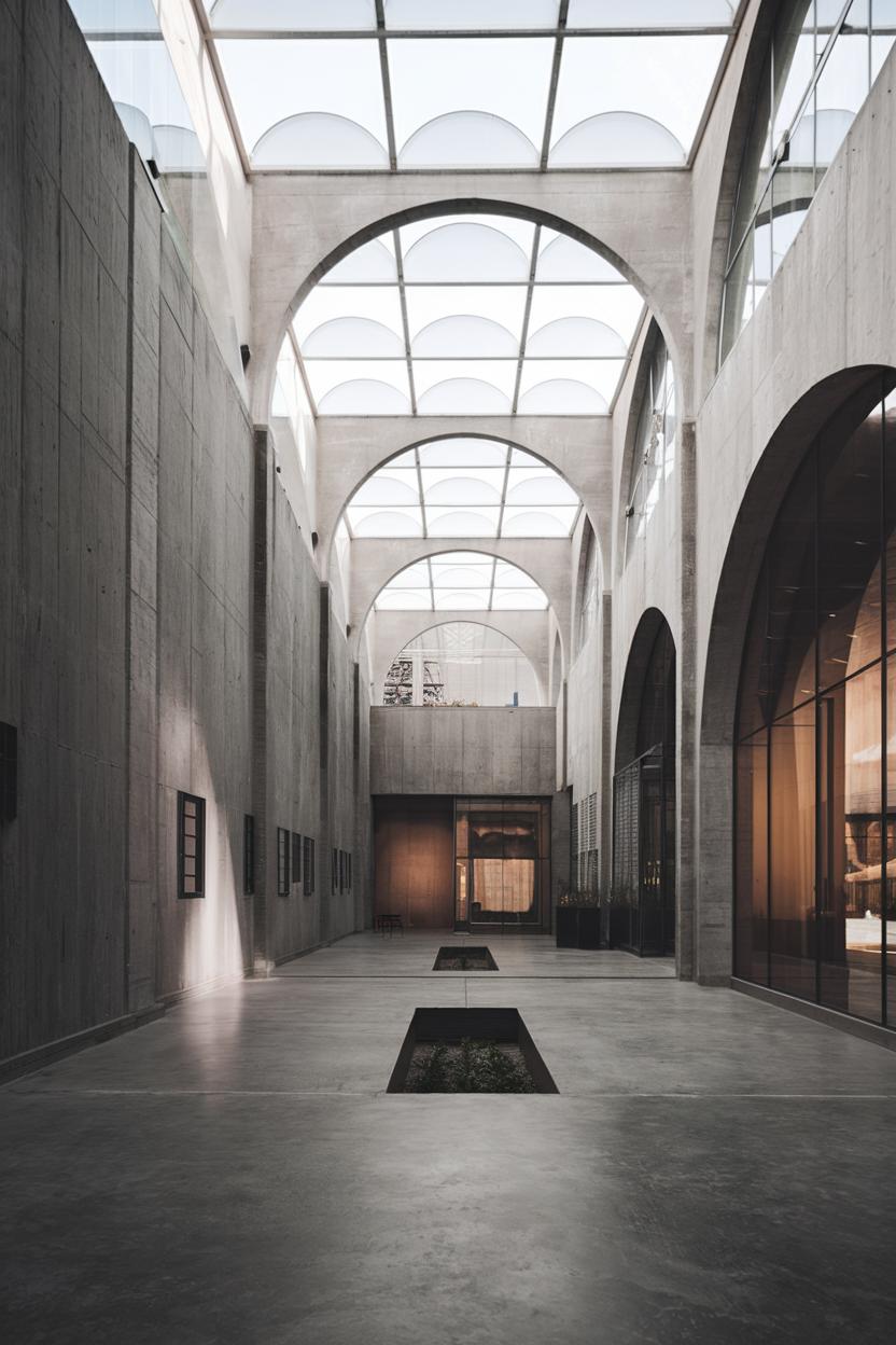 Concrete hallway arches reaching towards skylights