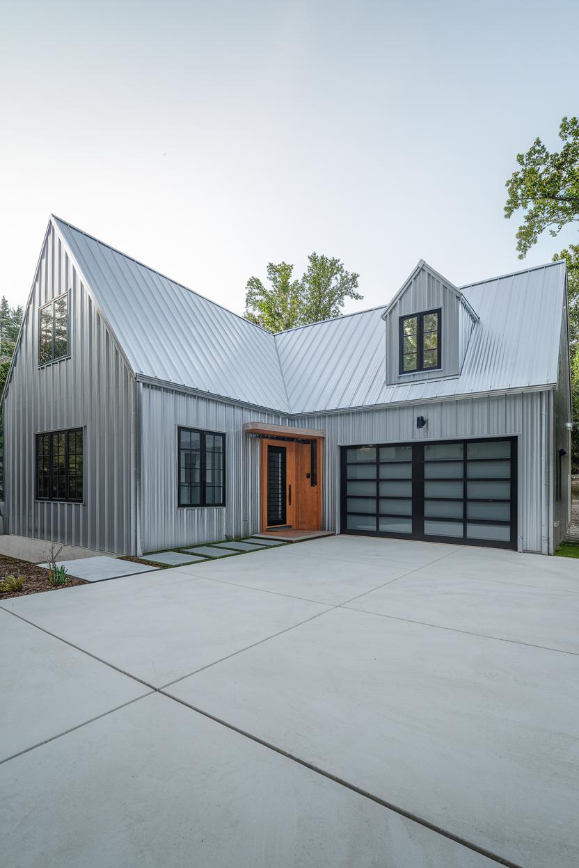 Modern garage house with a metallic exterior and spacious driveway