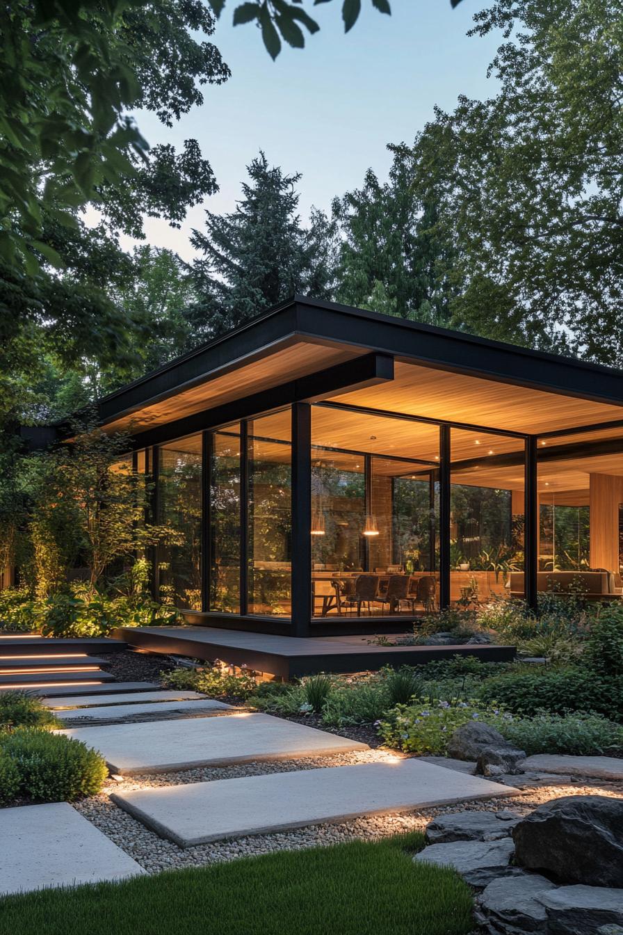 Modern glass house nestled among trees with warm interior lighting