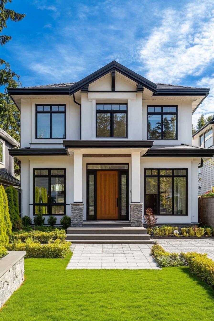 Modern suburban house with large windows and a wooden door