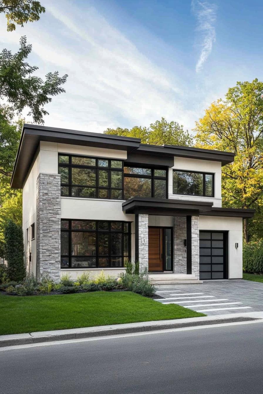 Modern house with stone facade and large windows