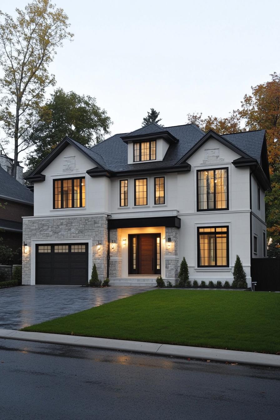 Elegant house with stone and panel facade, warm lights glowing through large windows