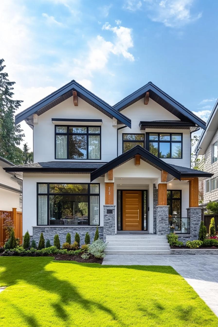 Front view of a modern suburban house with gabled roof and stone accents