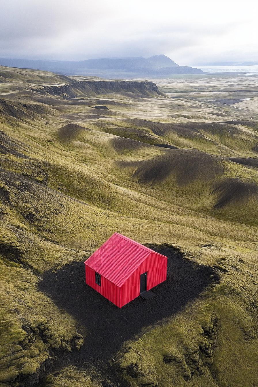 A bright red metal house in a vast, rugged landscape