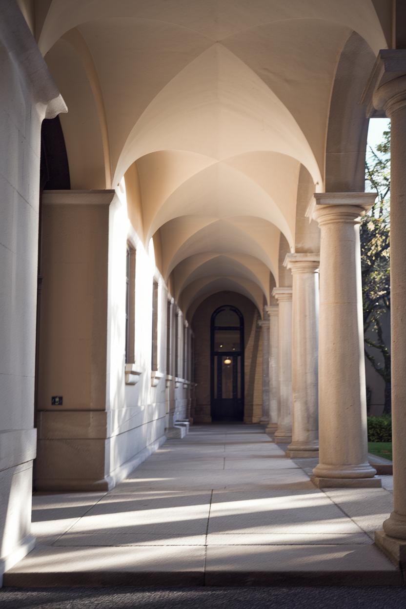 Elegant stone arches and columns bathed in sunlight