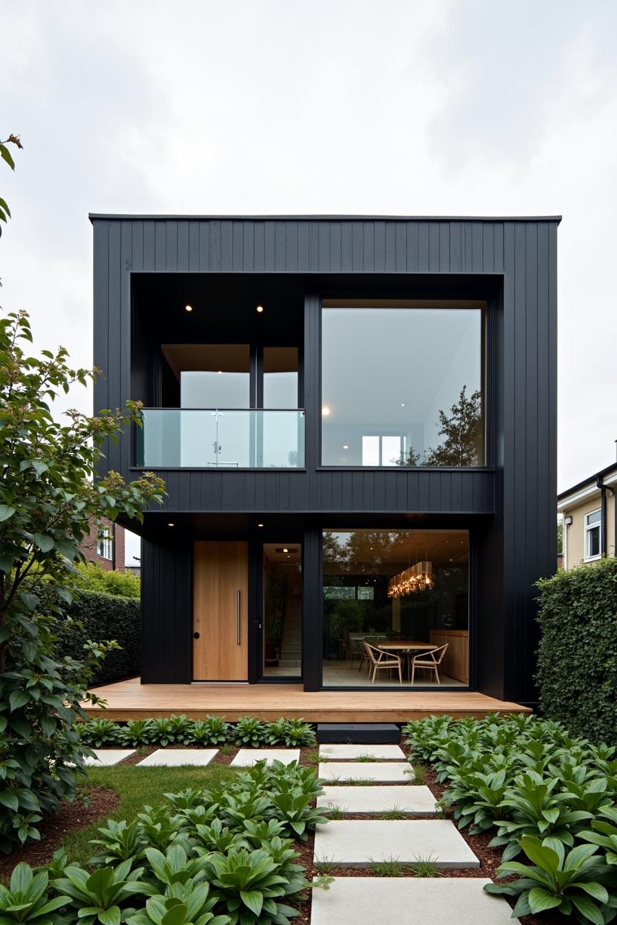 Sleek black home with large windows and greenery