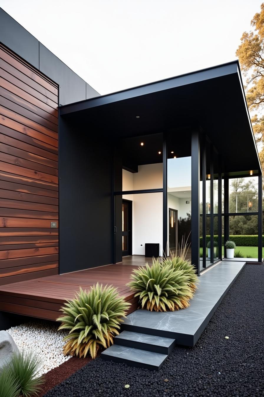 Modern black house with sleek lines and wood accents