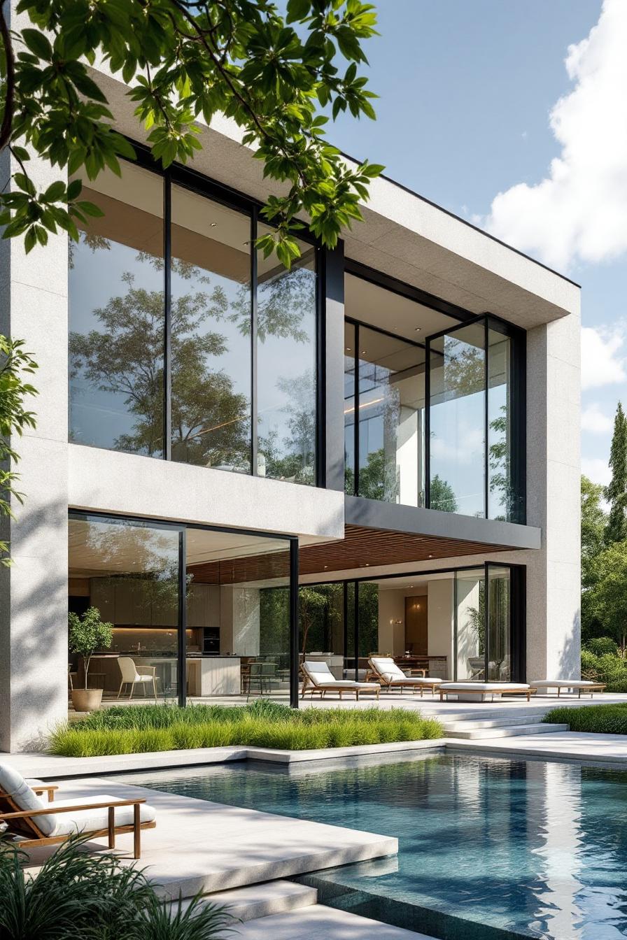 Modern house with large glass windows and a pool