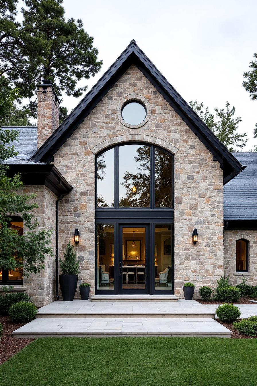 Facade of a stone farmhouse with a circular window