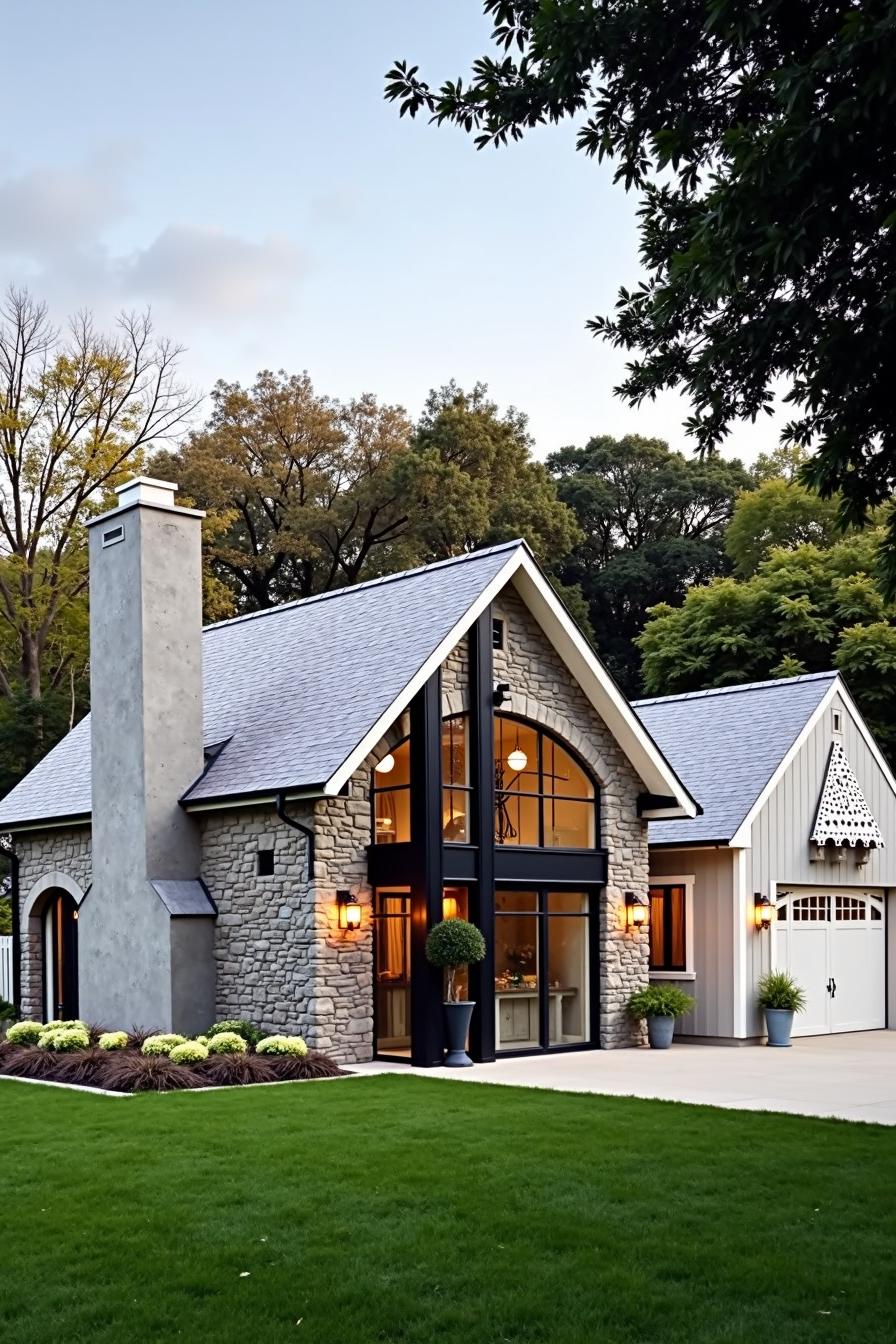 Stone house with modern glass windows and green lawn