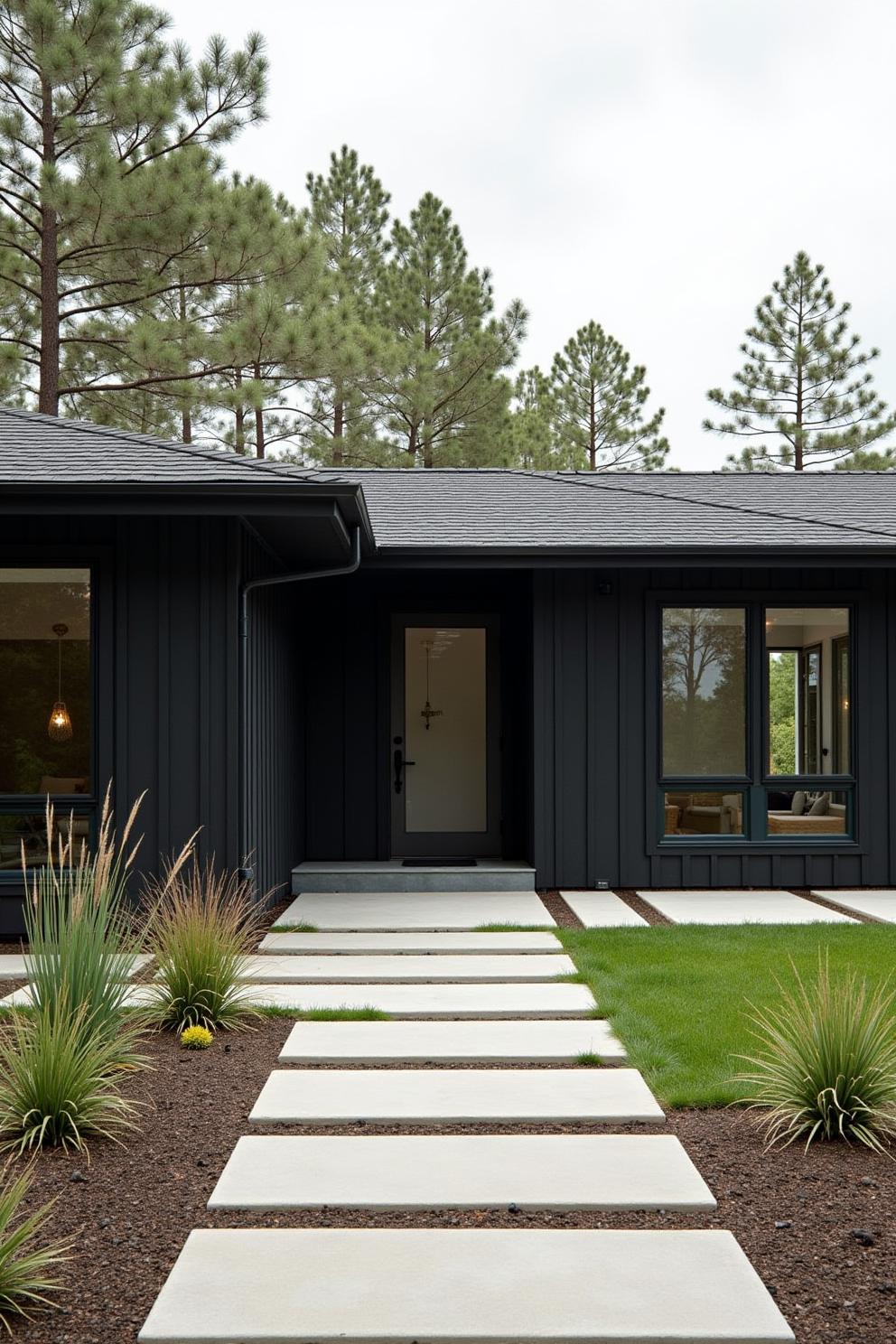 Modern ranch home with dark siding and a neat path