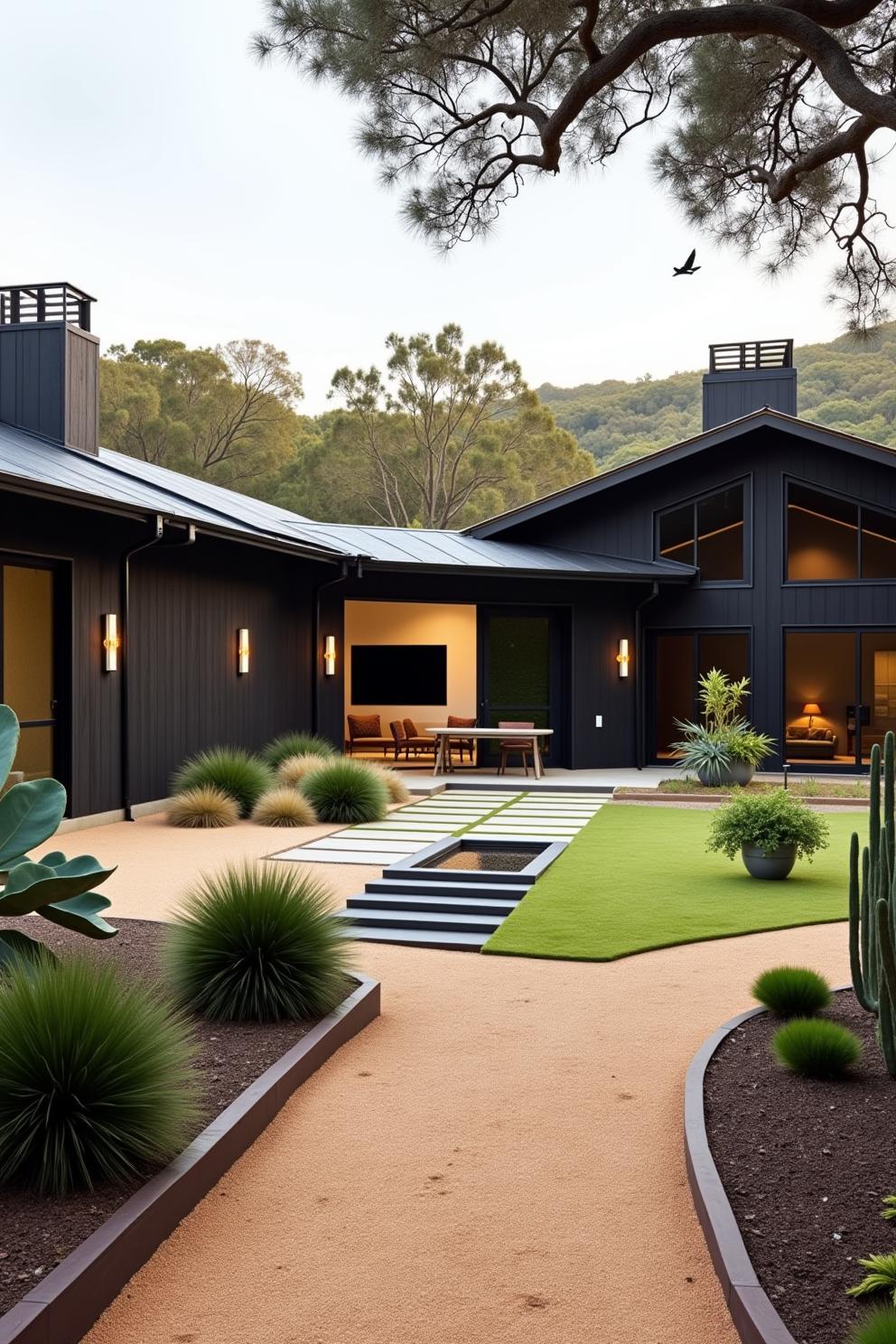 Modern ranch home with a sleek exterior and desert landscape