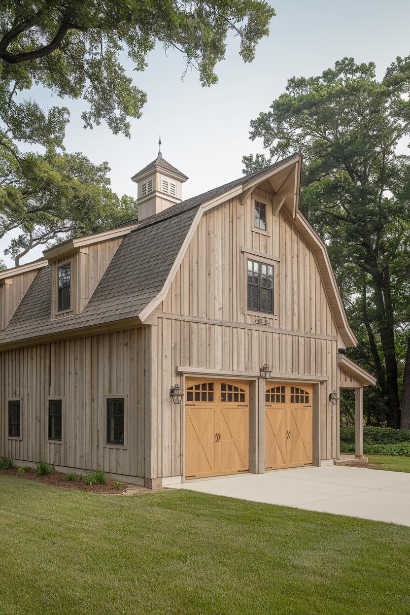 Rustic wooden garage house with large doors and classic charm