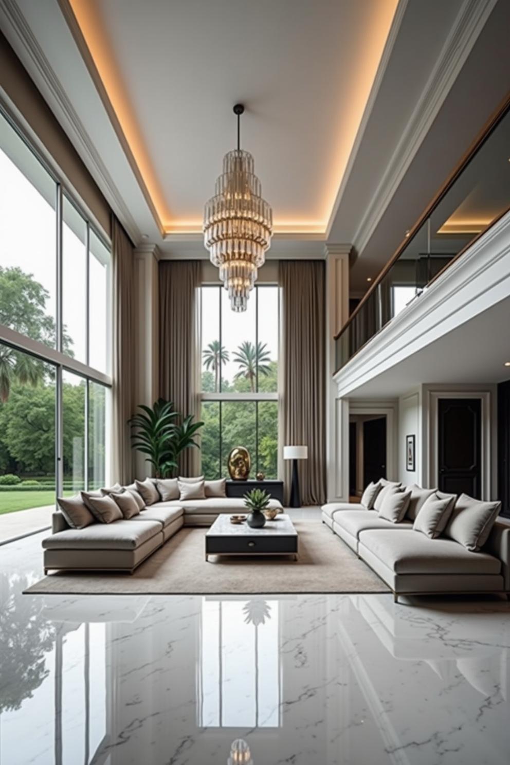 Luxury living room with a grand chandelier and large windows