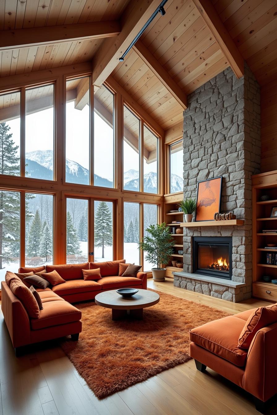 Rustic cabin interior with large windows and a stone fireplace