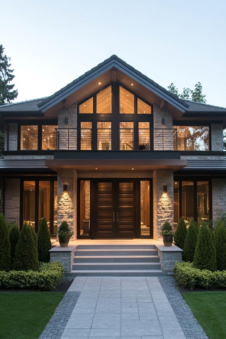 Modern house with wood and stone facade, evening lights glowing