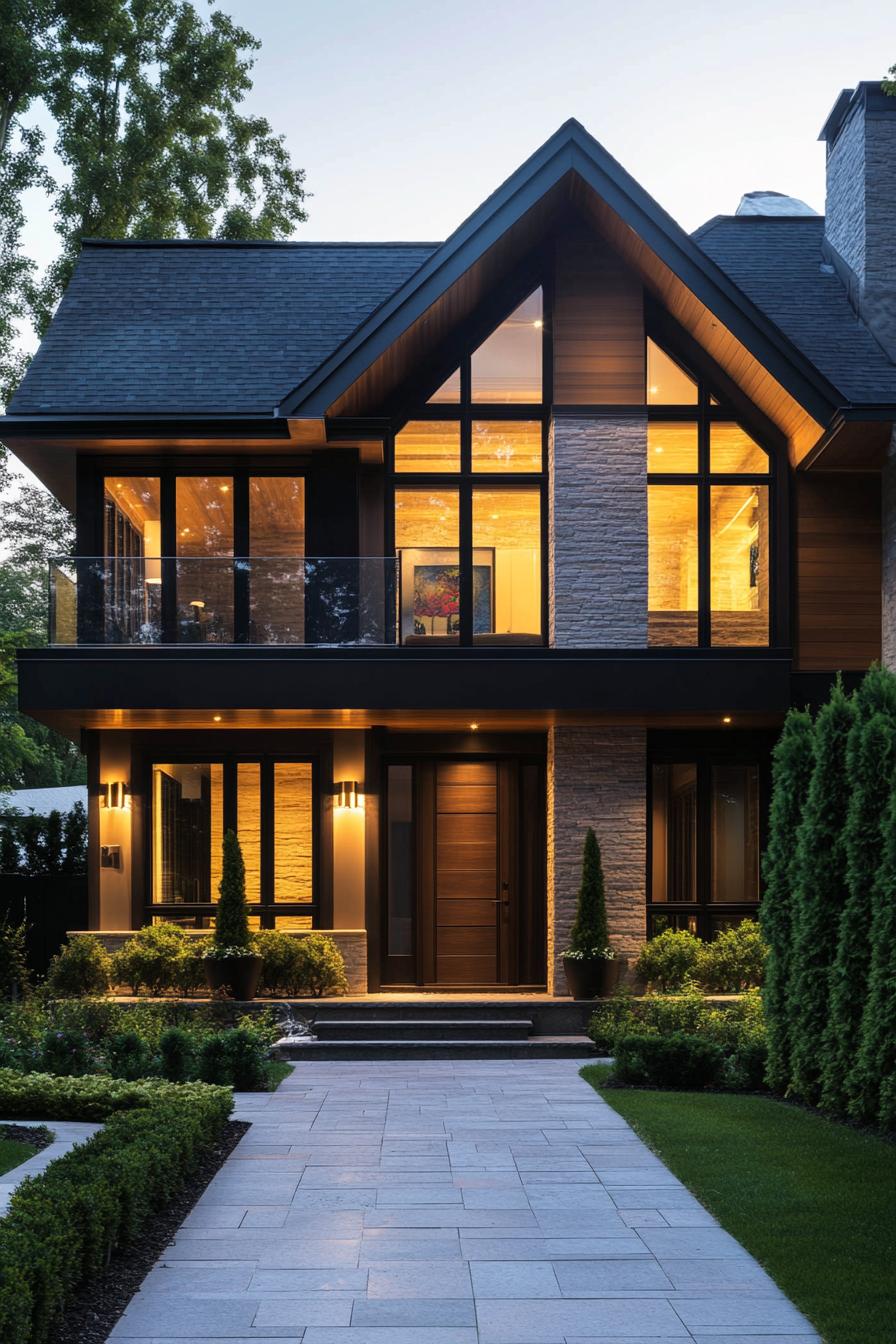 Modern house with large glass windows at dusk