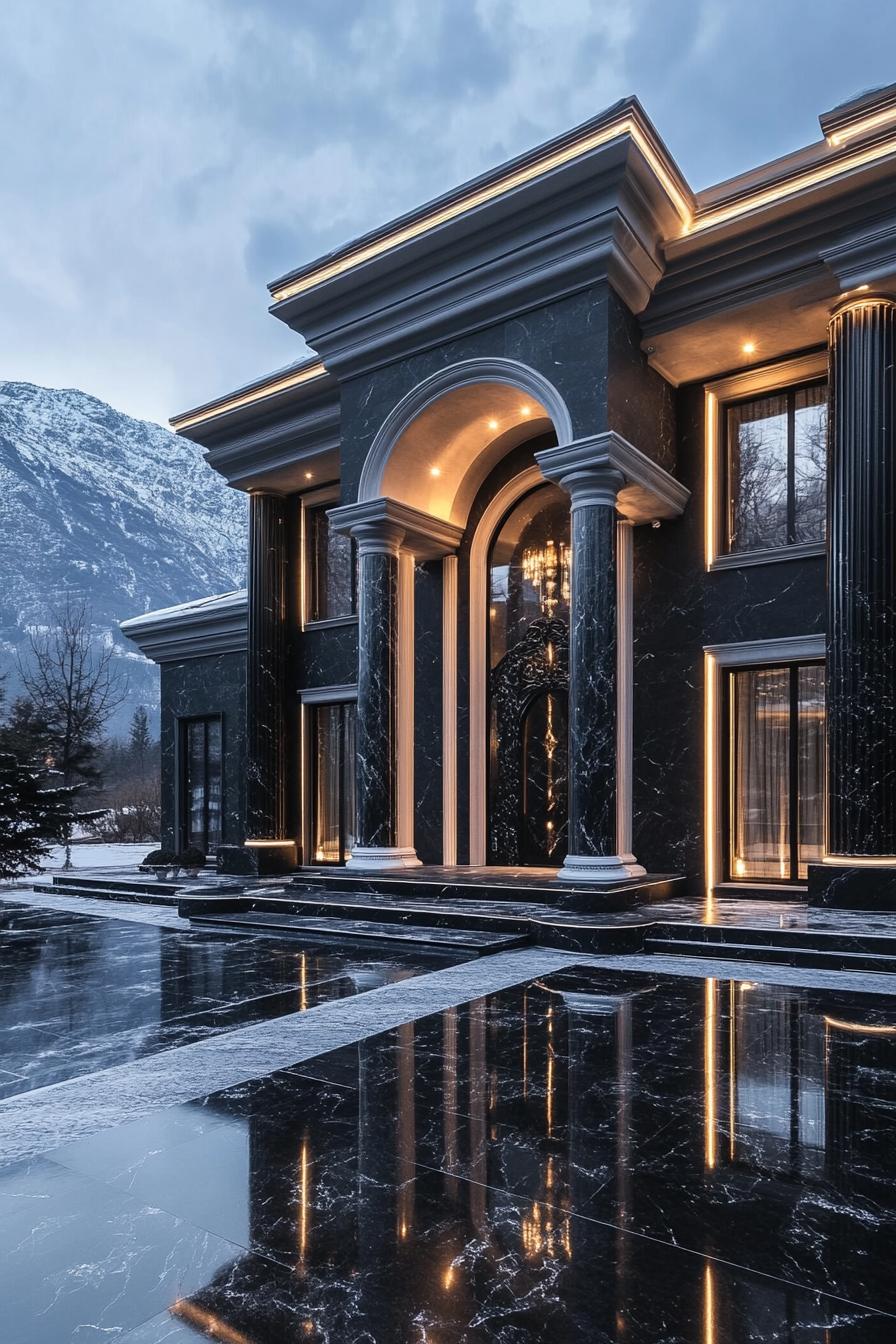 Luxurious black marble house in a snowy mountain setting