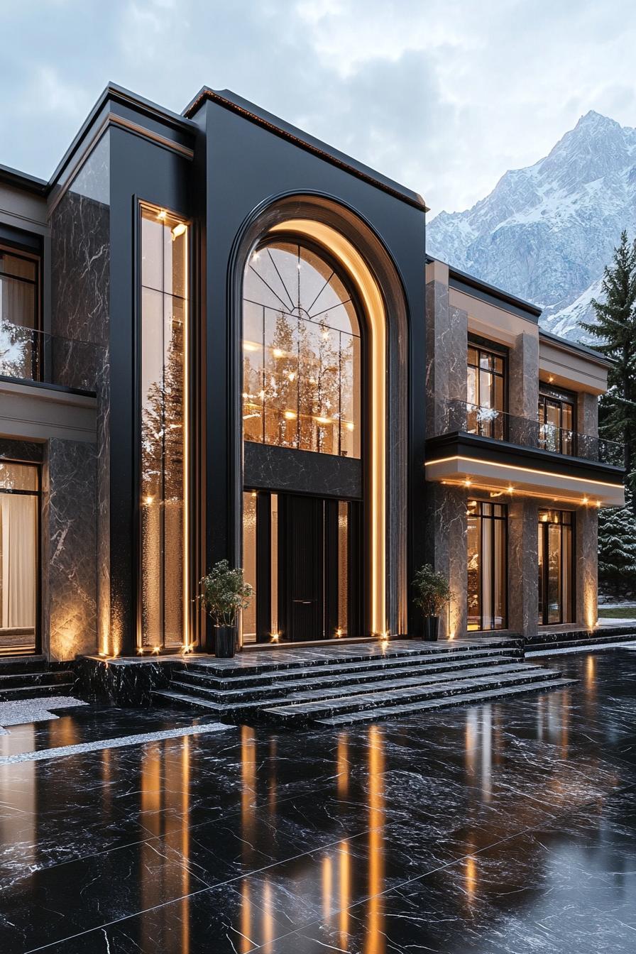 Luxurious modern mansion with a grand arched entrance