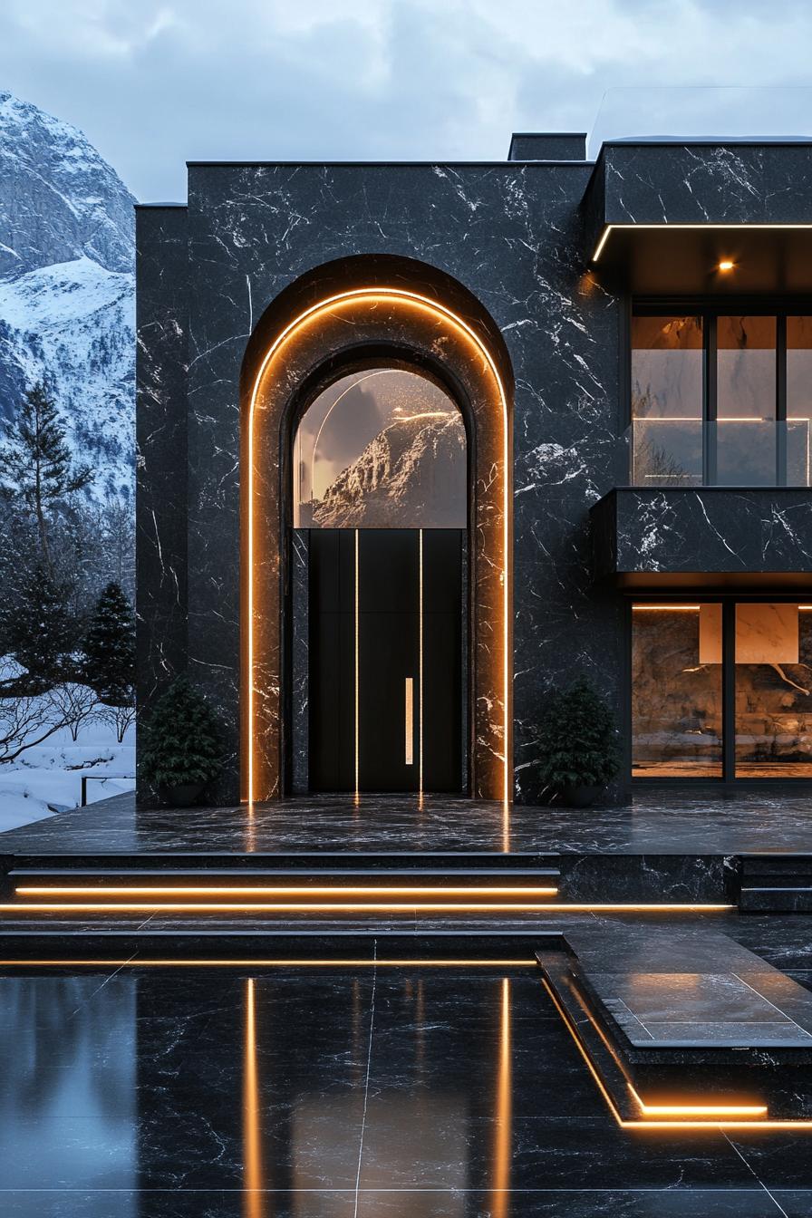 Modern black marble house with glowing accents and mountain backdrops