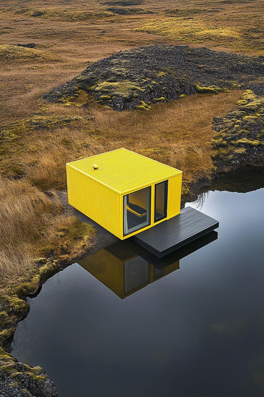 Compact yellow metal cabin by a tranquil lake