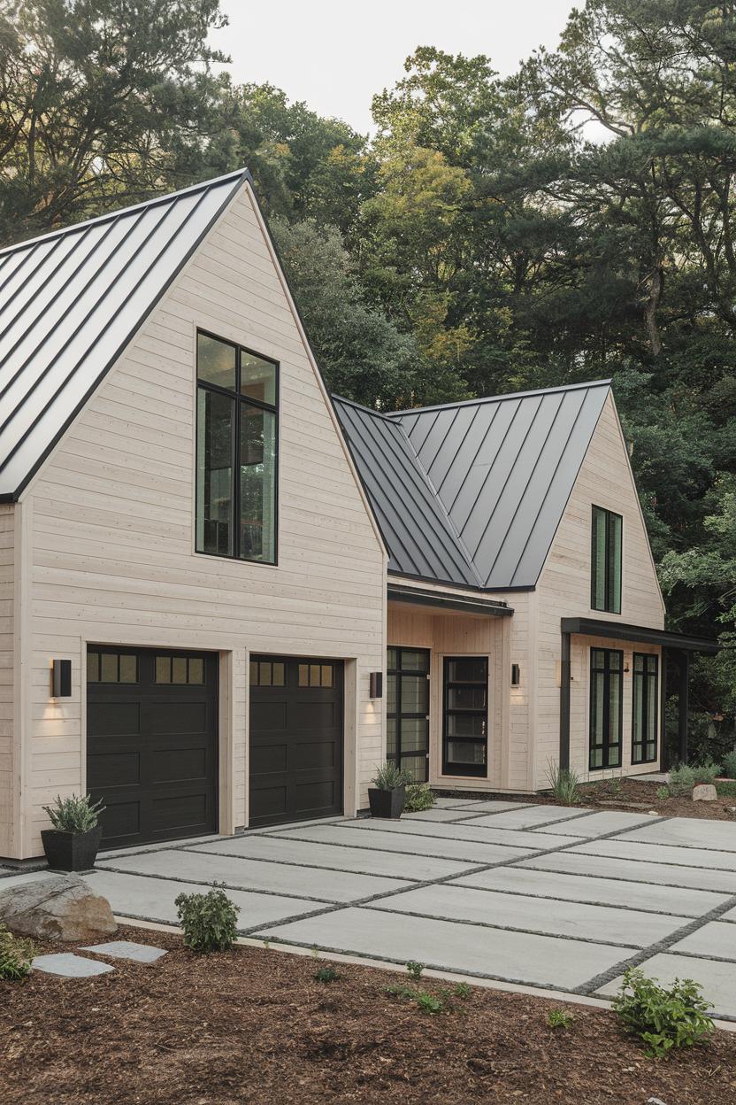 Modern garage house with a metal roof and wood accents