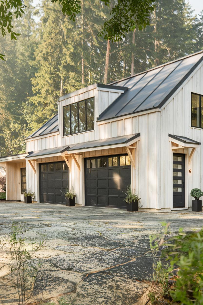 Contemporary garage house with black doors and a white exterior, surrounded by trees