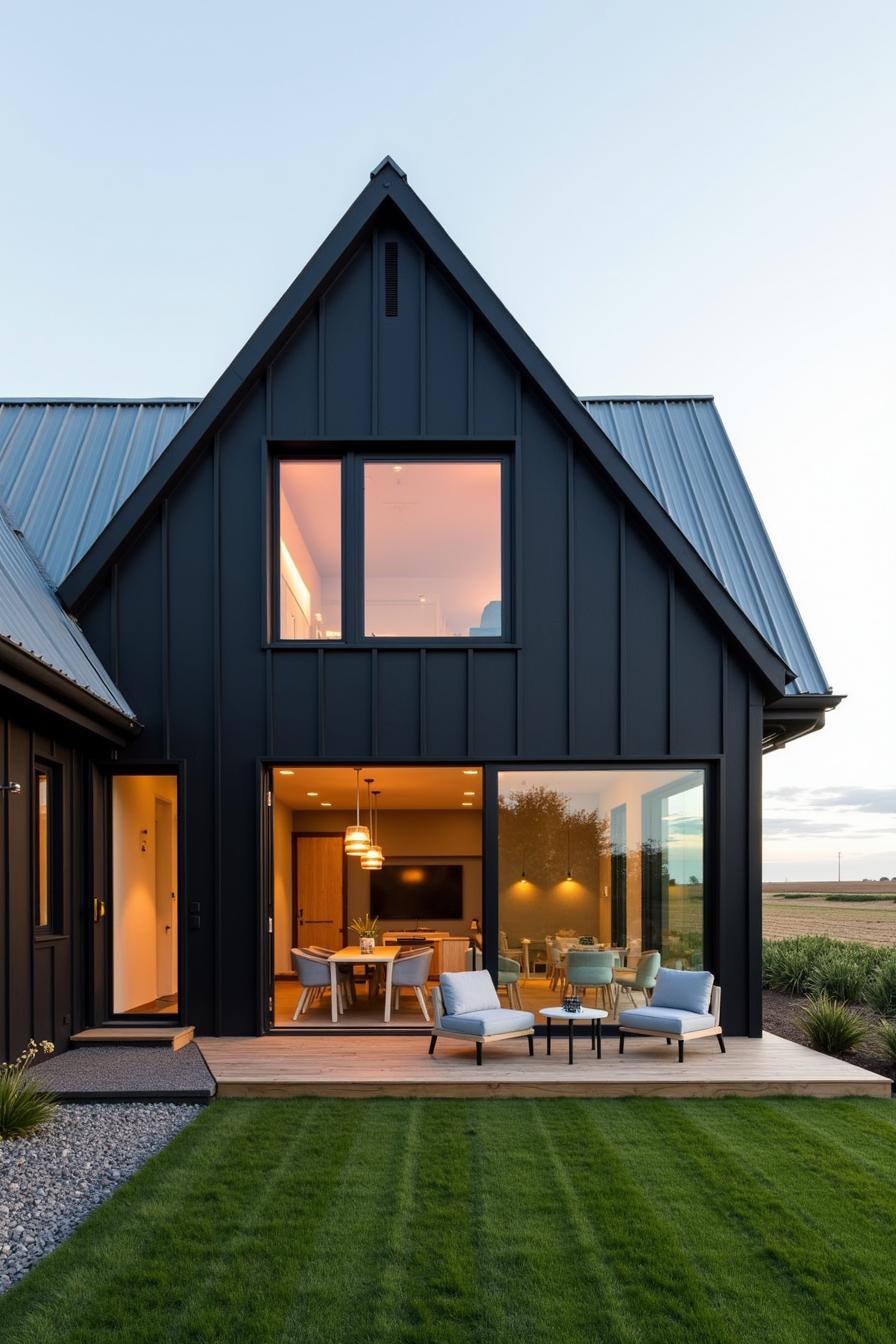 Black contemporary house with gabled roof and wooden deck