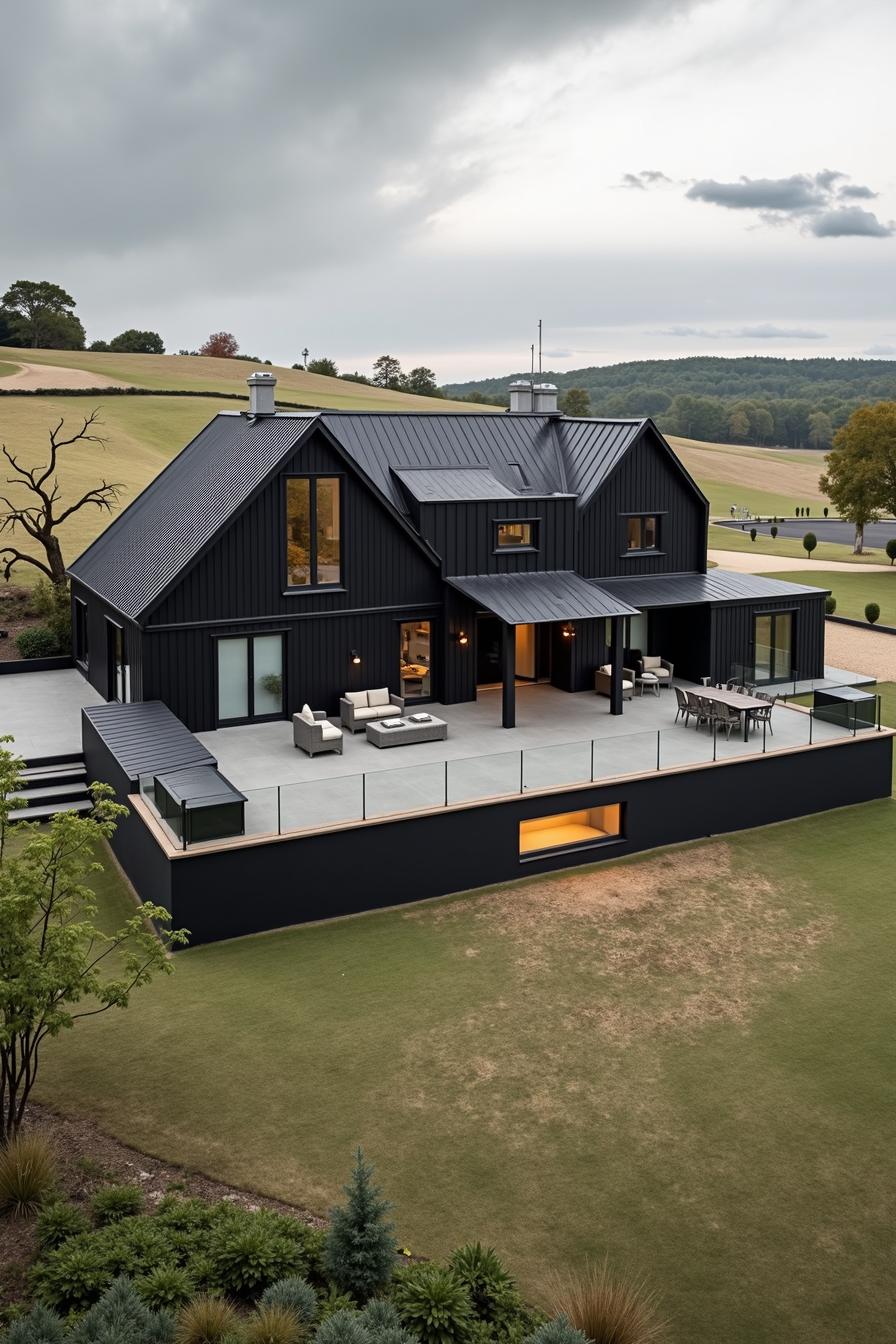 Sleek black house with large patio and expansive lawn