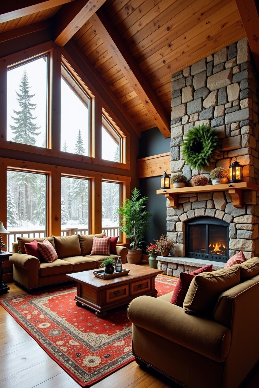 Warm living room with a stone fireplace and large windows