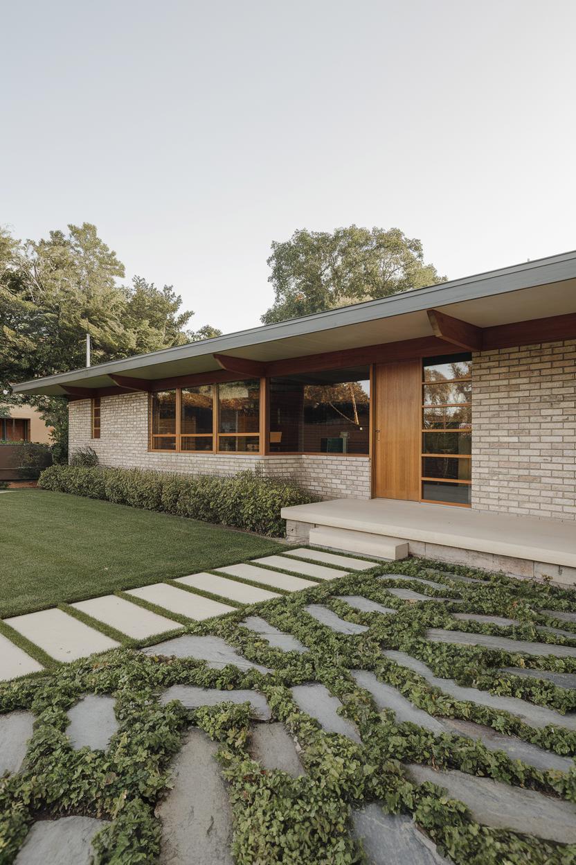 Exterior view of a mid-century ranch house with brick walls and a manicured lawn