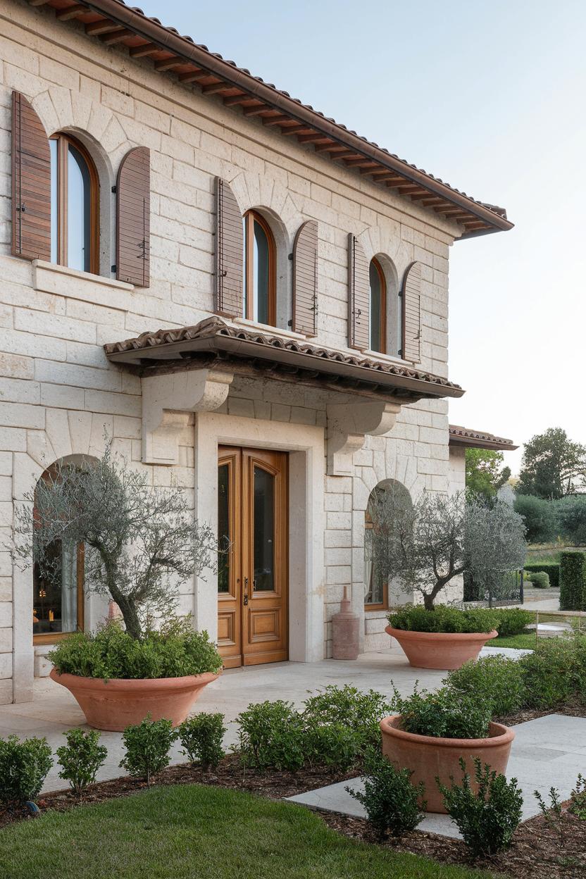 Stone building with arched windows and olive trees in terracotta pots