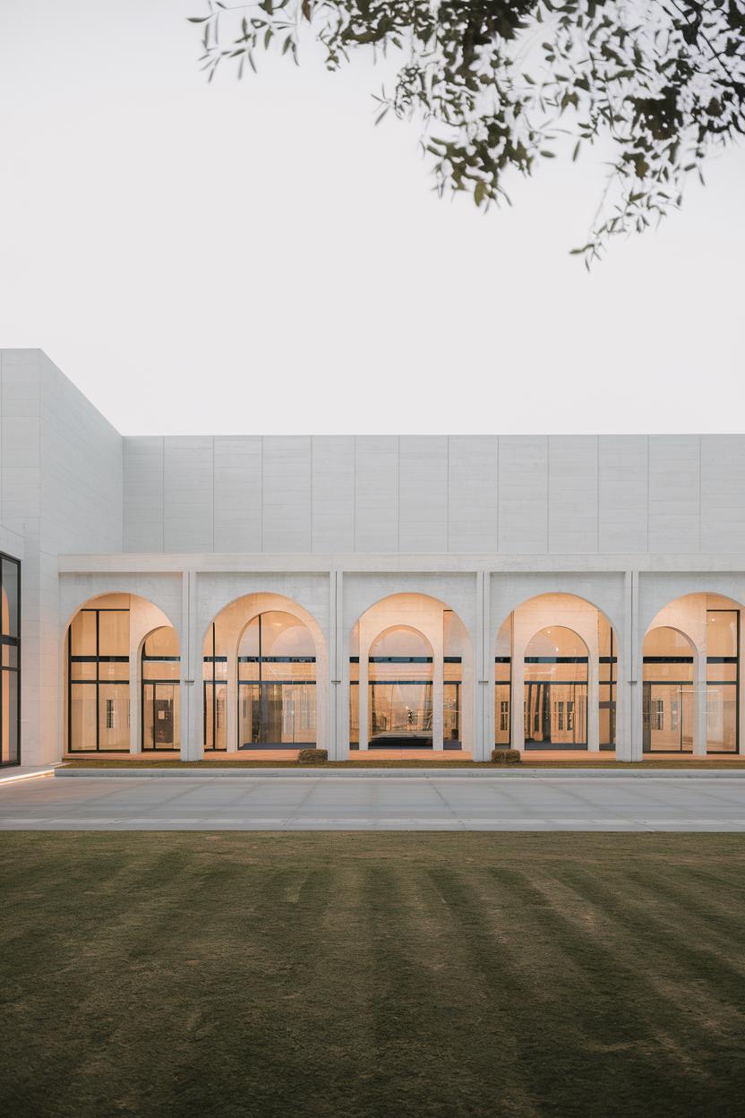 Row of illuminated arched doorways against a modern building facade