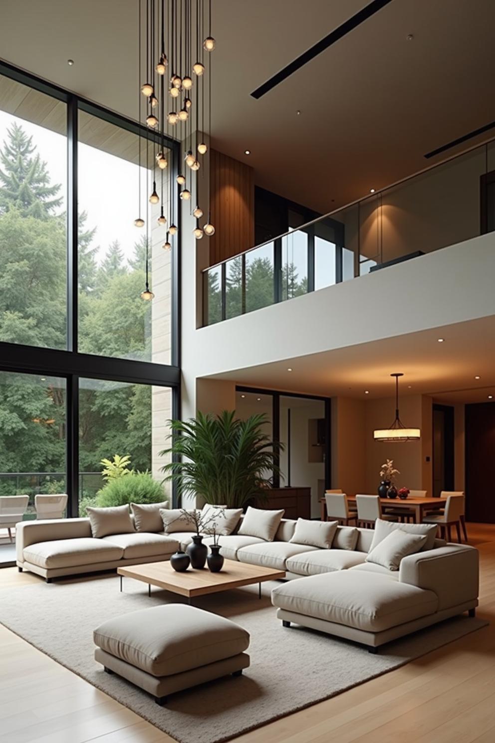 Spacious living room with tall windows and elegant lighting