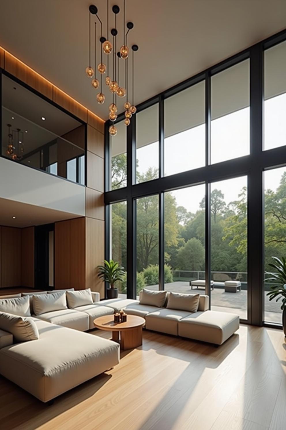 Spacious living room with large windows and modern decor