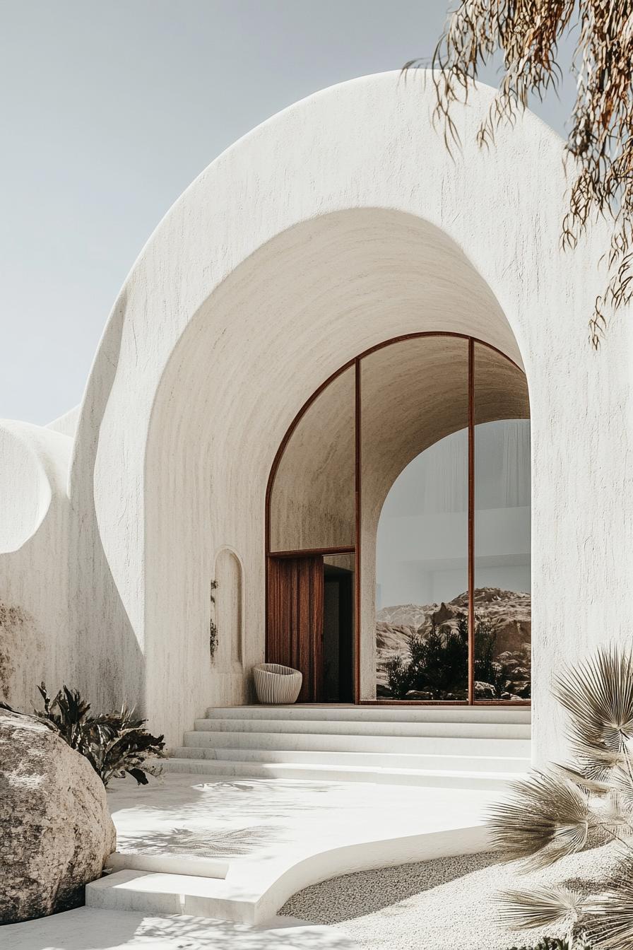 House with modern arches and wooden door in a desert setting