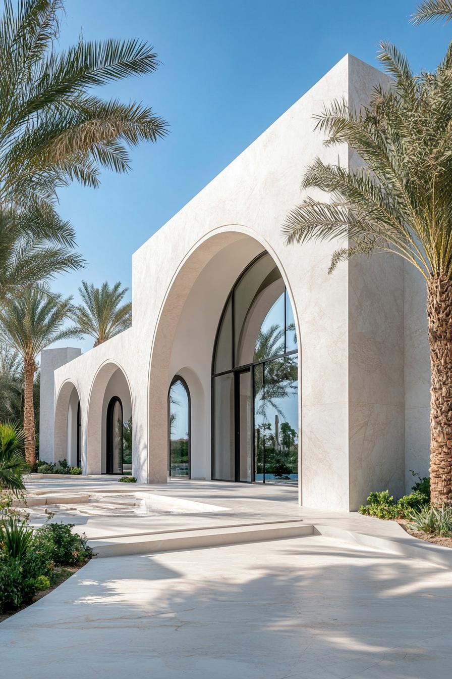 Modern white house with grand arches surrounded by palm trees