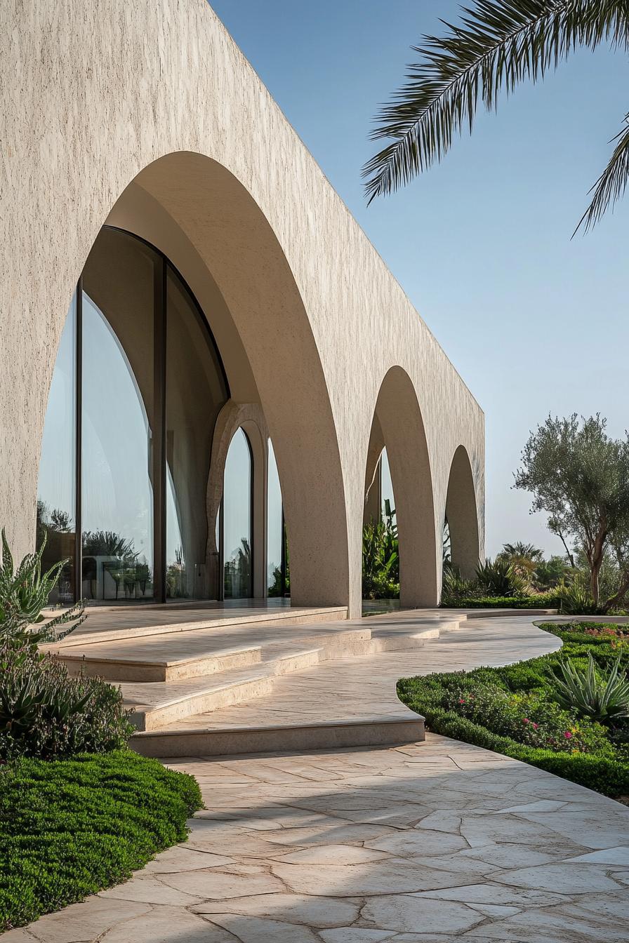 Modern house with large arched windows and lush garden path