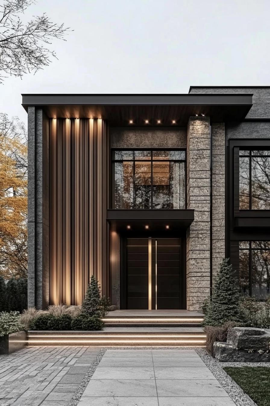 Modern house with stone, wood, and glass facade