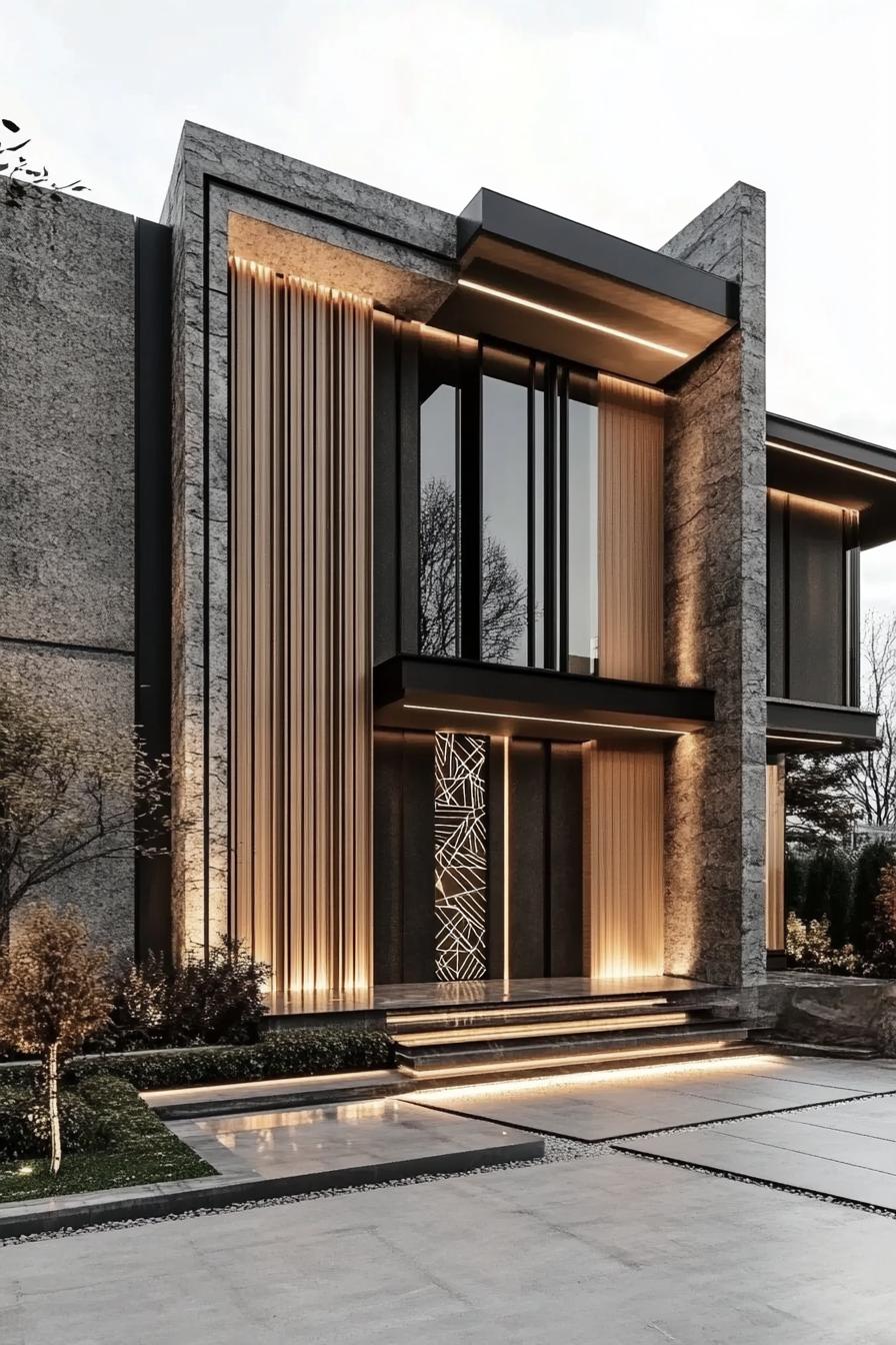 Modern house exterior with intricate lighting