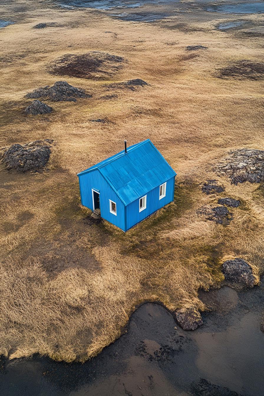 Small blue metal house on a barren landscape