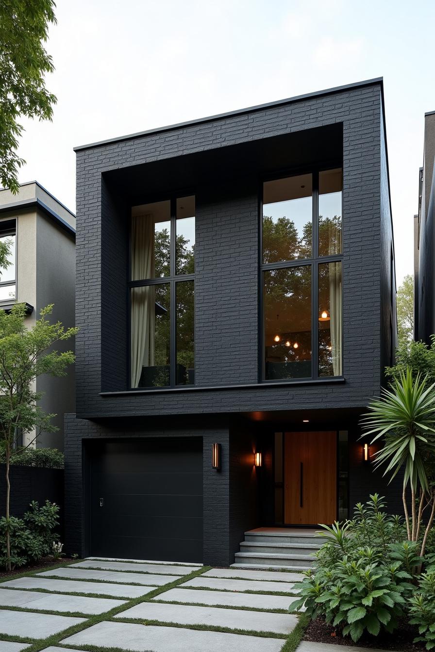 Sleek black modern house with large windows and lush greenery