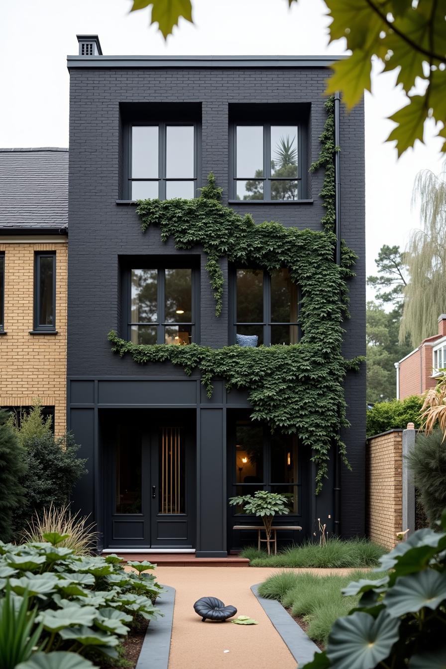 Black contemporary house with ivy on the facade and a lush garden pathway