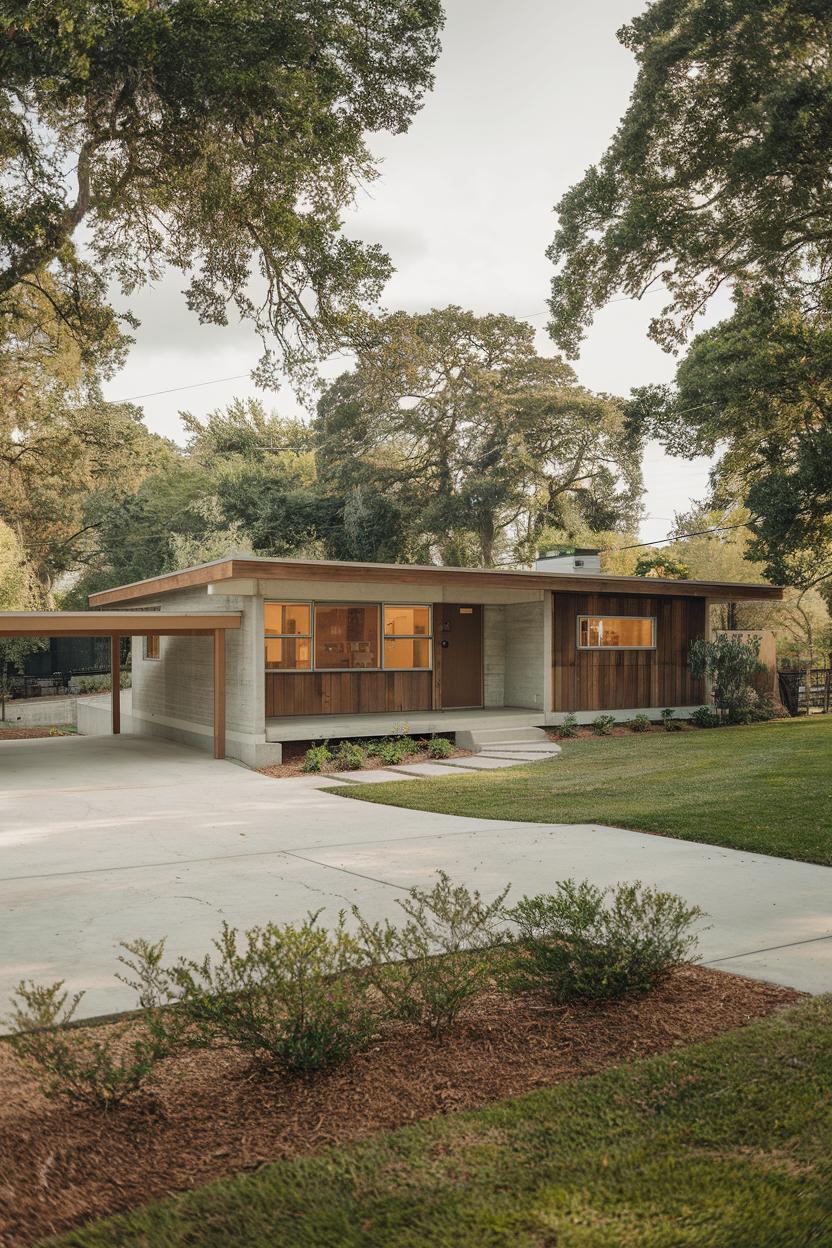 Mid-century ranch house with trees and lush lawn