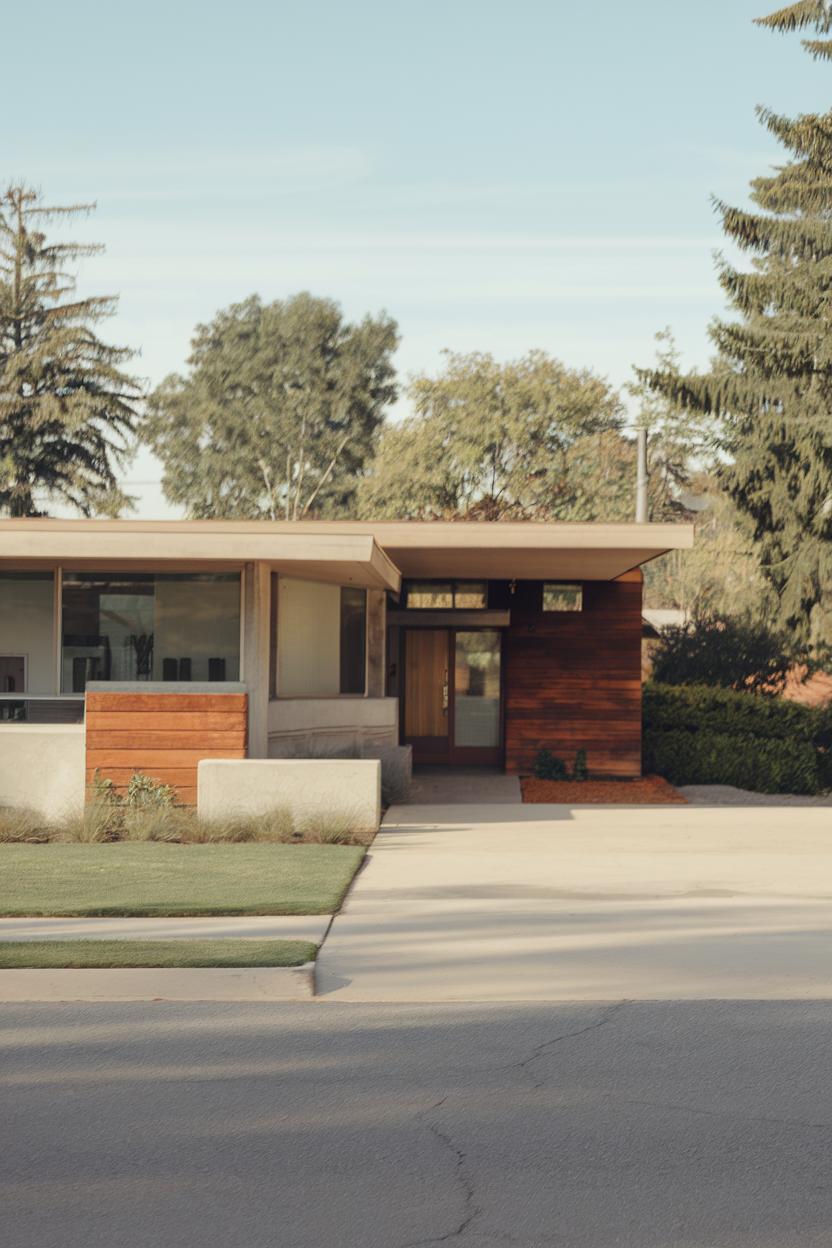 Mid-century ranch house with a minimalist design and earthy tones