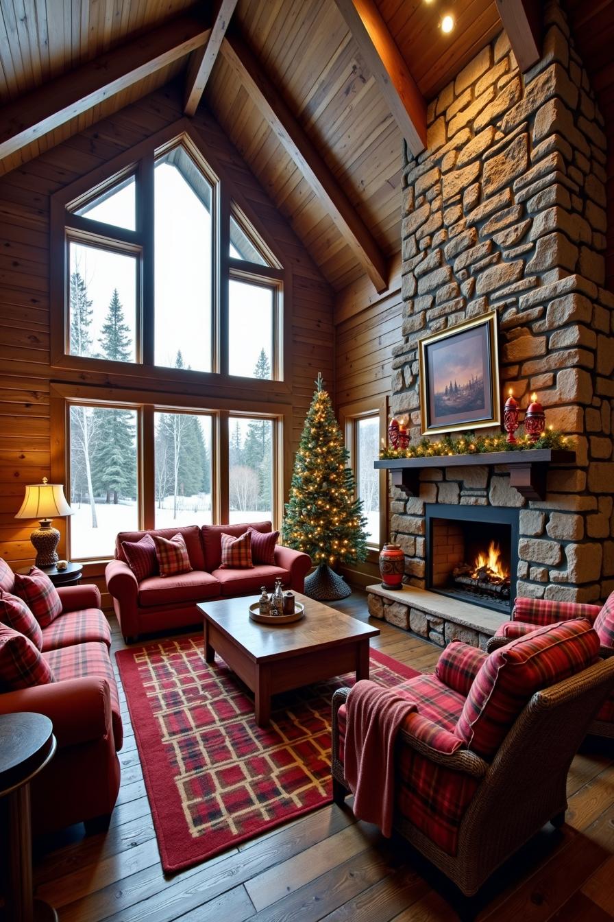 Warm wood-paneled cabin with a large stone fireplace and holiday decor