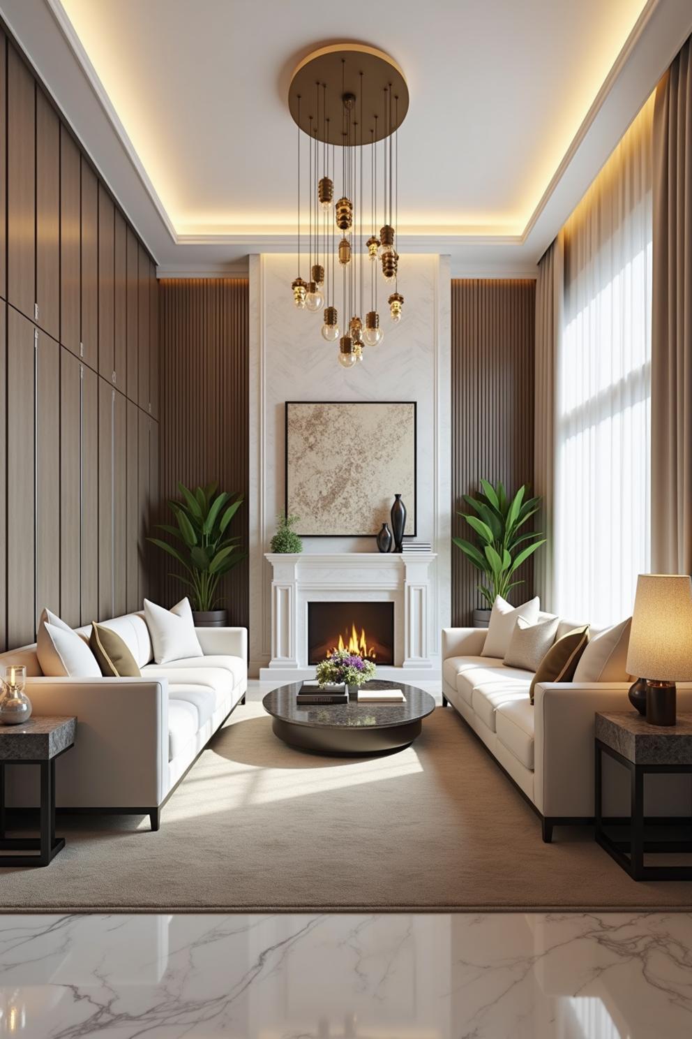 Stylish lounge with modern furnishings and a warm fireplace